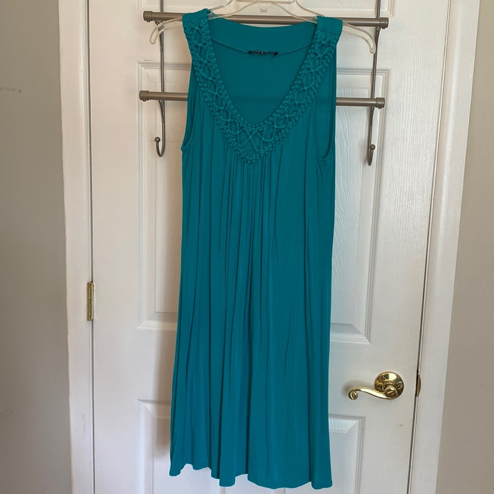 Turquoise dress with embellished neck line